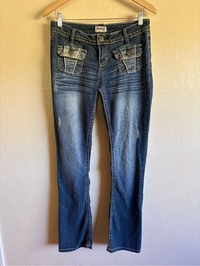 Y2K 2000s Mudd Low Rise Dark Faded Wash Flap Pocket Denim Blue Bootcut Jeans 9